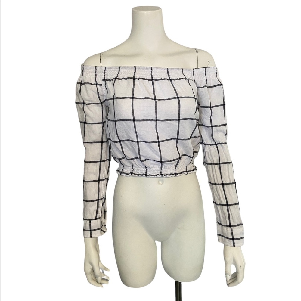 plaid black and white garage off the shoulder long sleeve crop top
